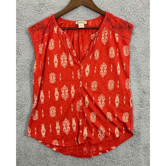 Lucky Brand XS Orange Blouse Top Geometric Tapestry Design Lace Window Shoulder - Picture 1 of 11